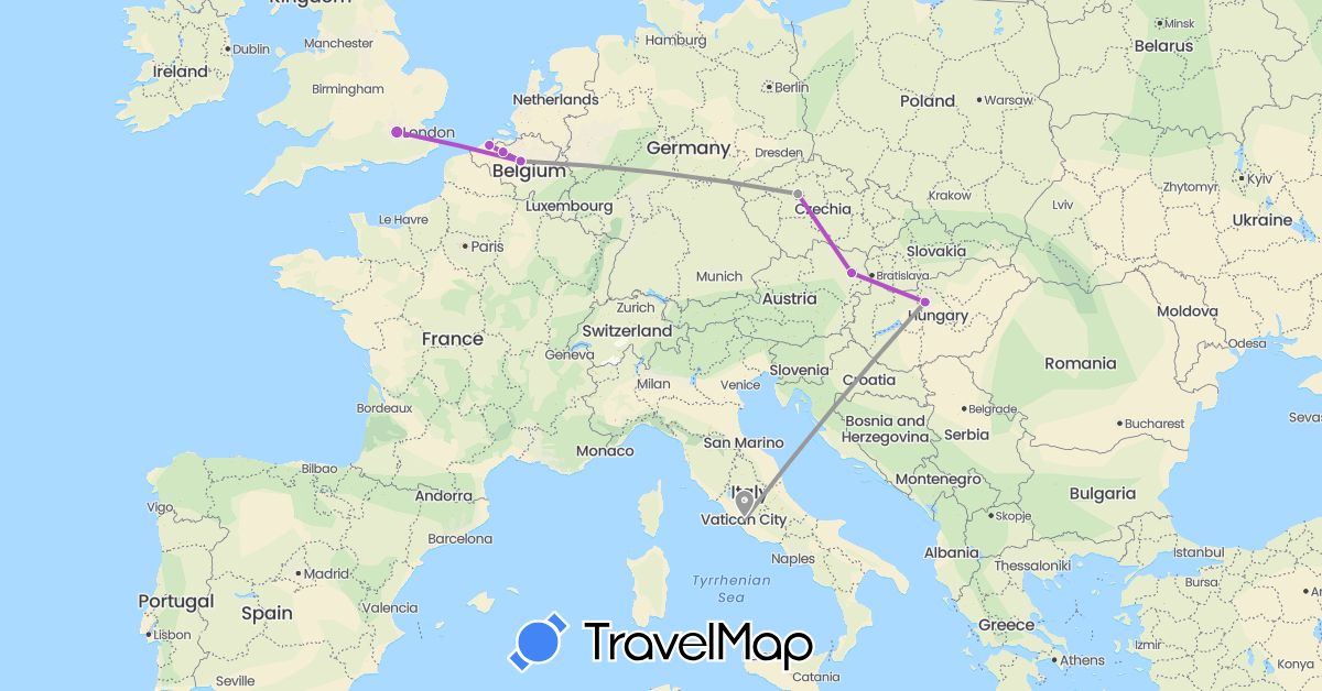 TravelMap itinerary: driving, plane, train in Austria, Belgium, Czech Republic, United Kingdom, Hungary, Italy (Europe)